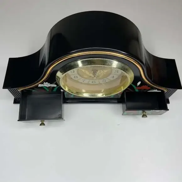 Vintage 70s R. Powell Asian Flowers Mantel Clock w/ Drawers - Picture 3 of 8